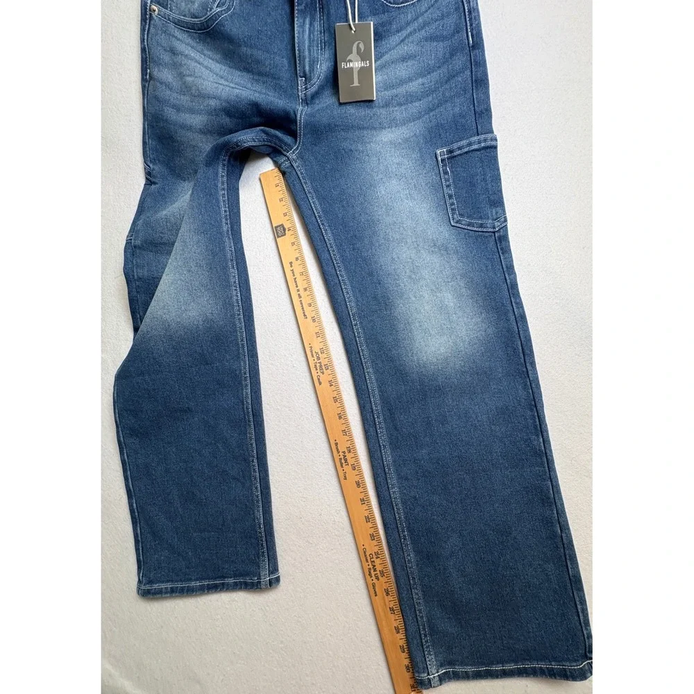 Flamingals Womens High Waisted Wide Leg Carpenter Jeans Medium Wash Blue Size L